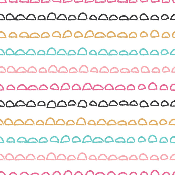cute doodles, abstract pattern, scalloped shapes, rainbow colors, pink, teal, yellow, black, hand-drawn style, whimsical design,, fabric panel, repeating motifs, playful mood, modern pattern, geometric elements, colorful stripes, crafting material, sewing fabric, contemporary design