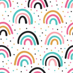 rainbows, abstract doodles, pink, teal, orange, black, white, polka dots, geometric shapes, modern pattern, whimsical design, colorful arcs, scattered dots, contemporary style,, fabric panel, playful mood, pastel colors, repetitive motifs, crafting material