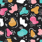abstract doodles, organic shapes, black background, pink blobs, teal shapes, orange forms, white elements, scattered dots, curved lines, rainbow arcs, plus signs, squiggly lines, modern art style, contemporary pattern,, fabric panel, playful design, geometric elements, hand-drawn feel, trendy colors