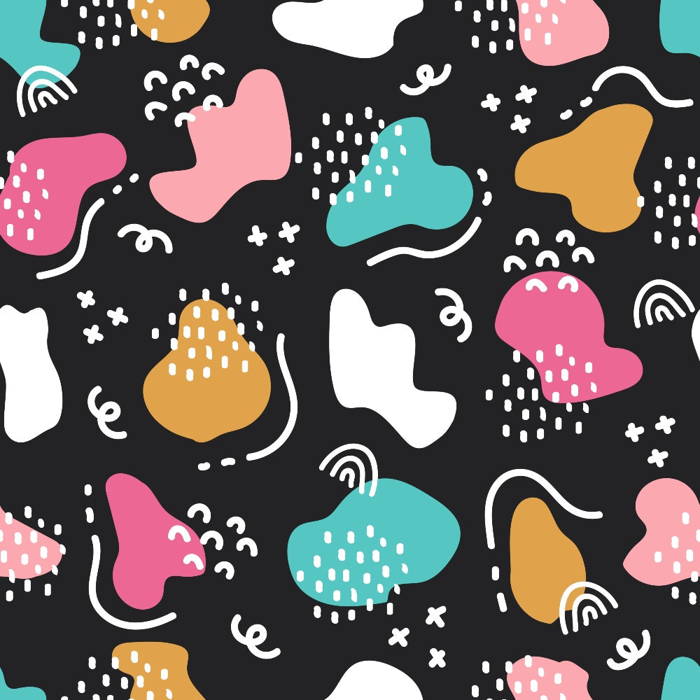 abstract doodles, organic shapes, black background, pink blobs, teal shapes, orange forms, white elements, scattered dots, curved lines, rainbow arcs, plus signs, squiggly lines, modern art style, contemporary pattern,, fabric panel, playful design, geometric elements, hand-drawn feel, trendy colors