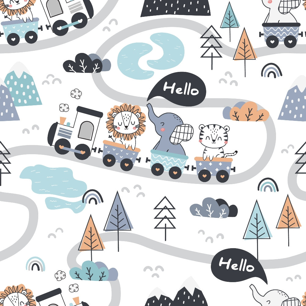 cute animals, train pattern,, fabric panel, lion, elephant, tiger, pastel colors, light blue, orange, gray, white, winding road, trees, rainbows, speech bubbles, whimsical illustration, children's fabric, nursery theme, cartoon style, playful design, soft colors