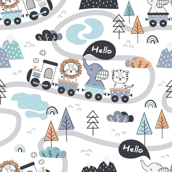 cute animals, train pattern,, fabric panel, lion, elephant, tiger, pastel colors, light blue, orange, gray, white, winding road, trees, rainbows, speech bubbles, whimsical illustration, children's fabric, nursery theme, cartoon style, playful design, soft colors