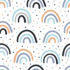 rainbows, pastel colors, mint green, peach orange, slate gray, black, white background, geometric arcs, scattered dots, modern minimalist, whimsical pattern, nursery theme,, fabric panel, soft palette, contemporary design, baby decor, repetitive motif, muted tones