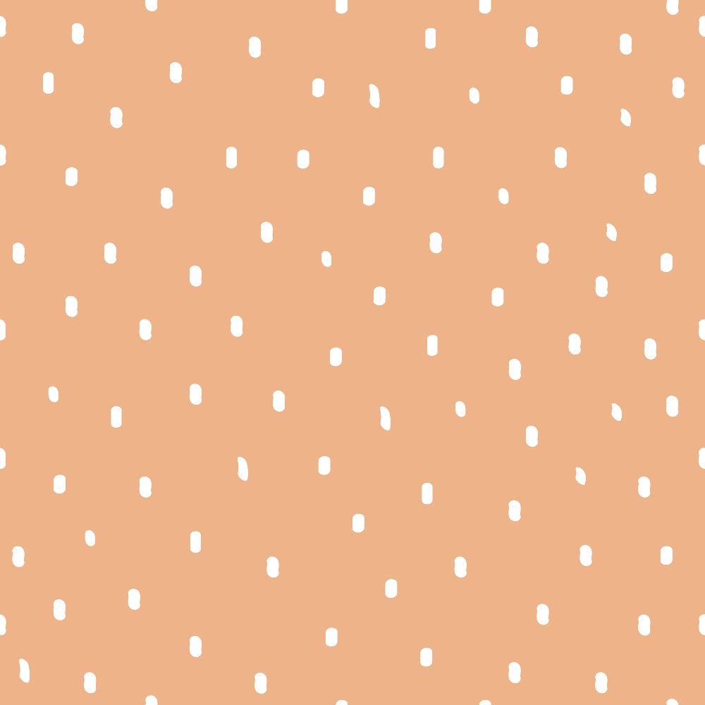 peach background, white polka dots, scattered dots, coral orange, salmon pink, pastel colors, geometric pattern, small dots, random placement, soft colors,, fabric panel, cheerful design, playful pattern, nursery fabric, baby quilt, dotted fabric, sweet design, light orange, whimsical dots