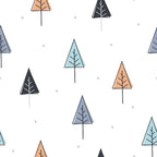 trees, forest, geometric trees, triangular shapes, orange, teal, navy blue, gray, white background, minimalist design, modern style, stylized trees, woodland theme, nature pattern,, fabric panel, scattered dots, clean lines, contemporary art, nordic style