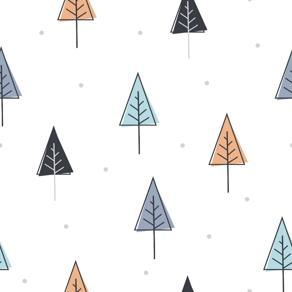 trees, forest, geometric trees, triangular shapes, orange, teal, navy blue, gray, white background, minimalist design, modern style, stylized trees, woodland theme, nature pattern,, fabric panel, scattered dots, clean lines, contemporary art, nordic style
