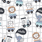 cute animals, train pattern,, fabric panel, kawaii style, pastel colors, white tiger, orange lion, gray elephant, toy trains, railway tracks, speech bubbles, whimsical design, nursery theme, children's fabric, cartoon animals, soft pastels, playful mood, baby fabric, animal characters