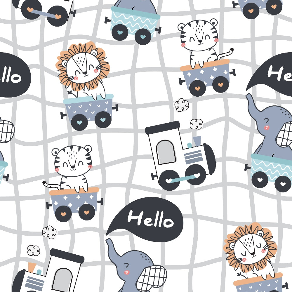 cute animals, train pattern,, fabric panel, kawaii style, pastel colors, white tiger, orange lion, gray elephant, toy trains, railway tracks, speech bubbles, whimsical design, nursery theme, children's fabric, cartoon animals, soft pastels, playful mood, baby fabric, animal characters
