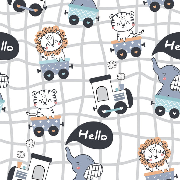 cute animals, train pattern,, fabric panel, kawaii style, pastel colors, white tiger, orange lion, gray elephant, toy trains, railway tracks, speech bubbles, whimsical design, nursery theme, children's fabric, cartoon animals, soft pastels, playful mood, baby fabric, animal characters