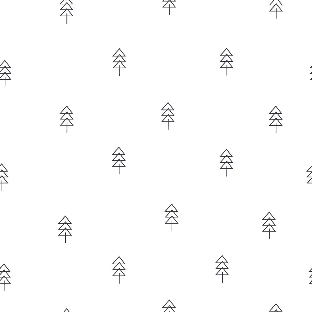 white background, black outline, geometric trees, minimalist design, scattered pattern, simple triangles, monochrome, line art, modern style,, fabric panel, clean design, repetitive motif, contemporary pattern, crafting material, sewing fabric, pine trees, forest theme