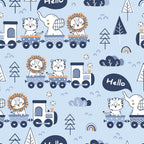 light blue, navy blue, orange, white, cute animals, train pattern, lion, tiger, elephant, cartoon style, children's fabric, baby fabric,, repeating pattern, whimsical design, nursery theme, playful animals, geometric trees, speech bubbles, rainbow accents, clouds, kawaii style, pastel colors