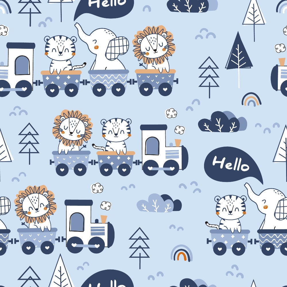 light blue, navy blue, orange, white, cute animals, train pattern, lion, tiger, elephant, cartoon style, children's fabric, baby fabric,, repeating pattern, whimsical design, nursery theme, playful animals, geometric trees, speech bubbles, rainbow accents, clouds, kawaii style, pastel colors