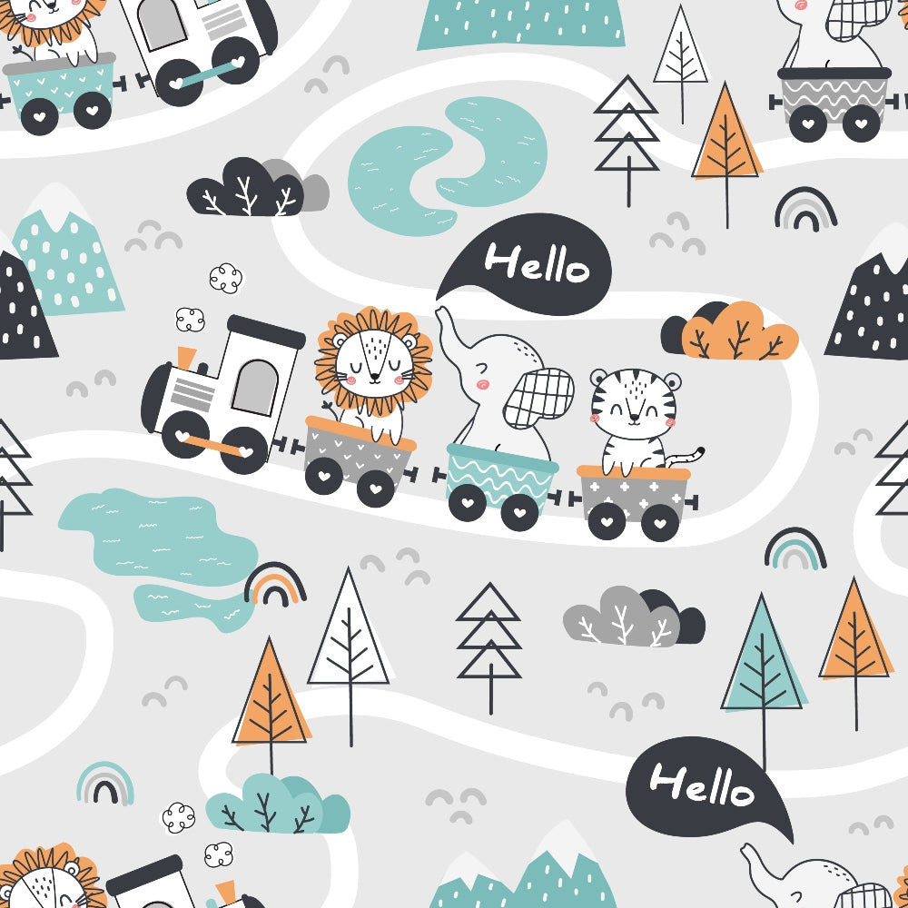 cute animals, train pattern,, fabric panel, mint green, orange, gray, white, lion, elephant, tiger, rainbow, trees, mountains, clouds, roads, whimsical style, nursery theme, children's fabric, playful design, speech bubbles, geometric trees, cartoon animals