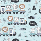 light blue, pale blue, train pattern, cute animals, lion, tiger, elephant, cartoon style, children's fabric, baby fabric,, fabric panel, whimsical design, nursery theme, playful pattern, soft colors, geometric trees, speech bubbles, seamless repeat, kawaii style