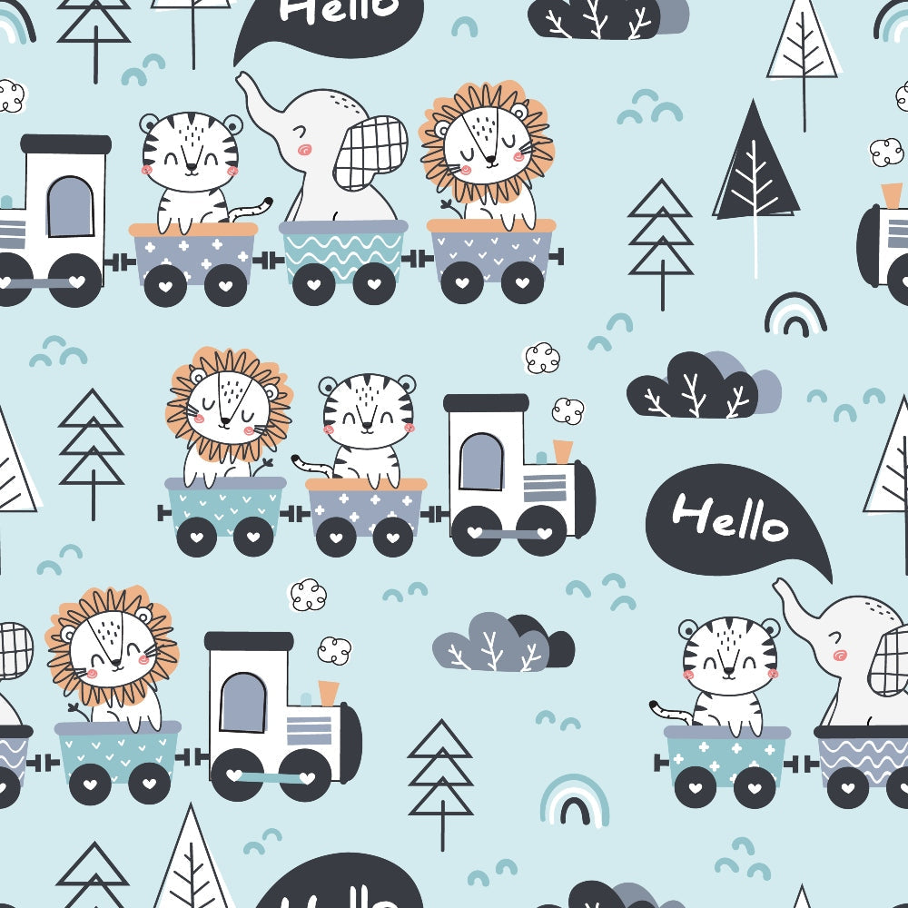 light blue, pale blue, train pattern, cute animals, lion, tiger, elephant, cartoon style, children's fabric, baby fabric,, fabric panel, whimsical design, nursery theme, playful pattern, soft colors, geometric trees, speech bubbles, seamless repeat, kawaii style