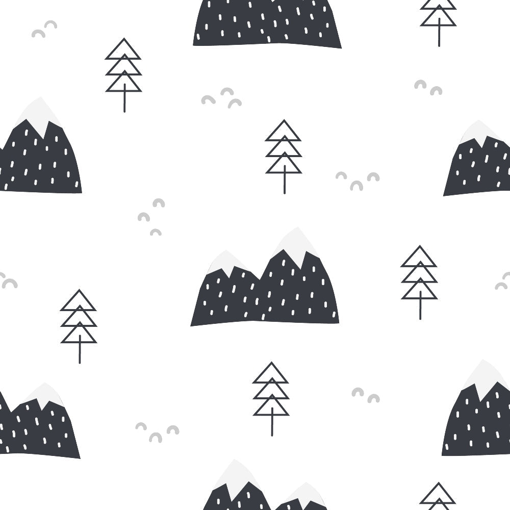 mountains, trees, geometric pattern, black and white, monochrome, minimalist design, nature scene, alpine landscape, evergreen trees,, fabric panel, modern style, scandinavian aesthetic, forest motif, mountain peaks, triangular shapes, clean lines, contemporary pattern, nursery fabric, outdoor theme
