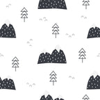 mountains, trees, geometric pattern, black and white, monochrome, minimalist design, nature scene, alpine landscape, evergreen trees,, fabric panel, modern style, scandinavian aesthetic, forest motif, mountain peaks, triangular shapes, clean lines, contemporary pattern, nursery fabric, outdoor theme