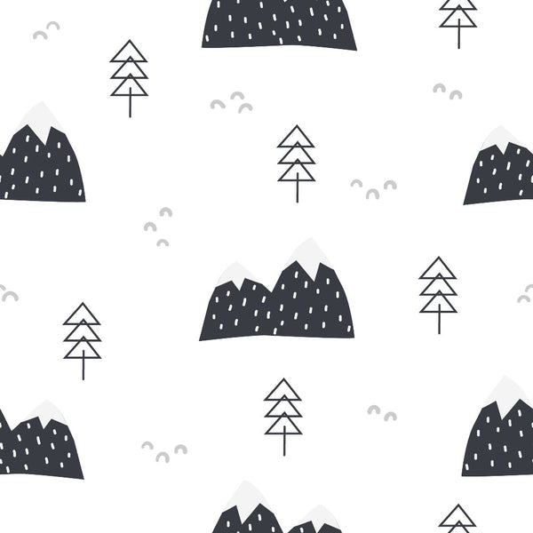 mountains, trees, geometric pattern, black and white, monochrome, minimalist design, nature scene, alpine landscape, evergreen trees,, fabric panel, modern style, scandinavian aesthetic, forest motif, mountain peaks, triangular shapes, clean lines, contemporary pattern, nursery fabric, outdoor theme