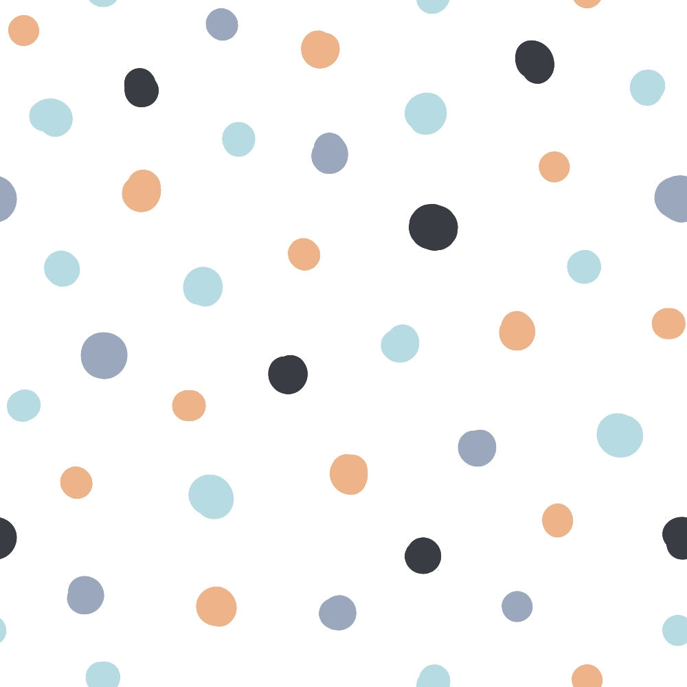 polka dots, scattered circles, light blue, peach orange, charcoal gray, slate blue, white background, geometric pattern, modern design,, fabric panel, contemporary style, minimalist, nursery fabric, craft material, sewing supplies, random placement, soft colors, muted tones