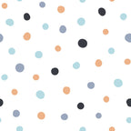 polka dots, scattered circles, light blue, peach orange, charcoal gray, slate blue, white background, geometric pattern, modern design,, fabric panel, contemporary style, minimalist, nursery fabric, craft material, sewing supplies, random placement, soft colors, muted tones
