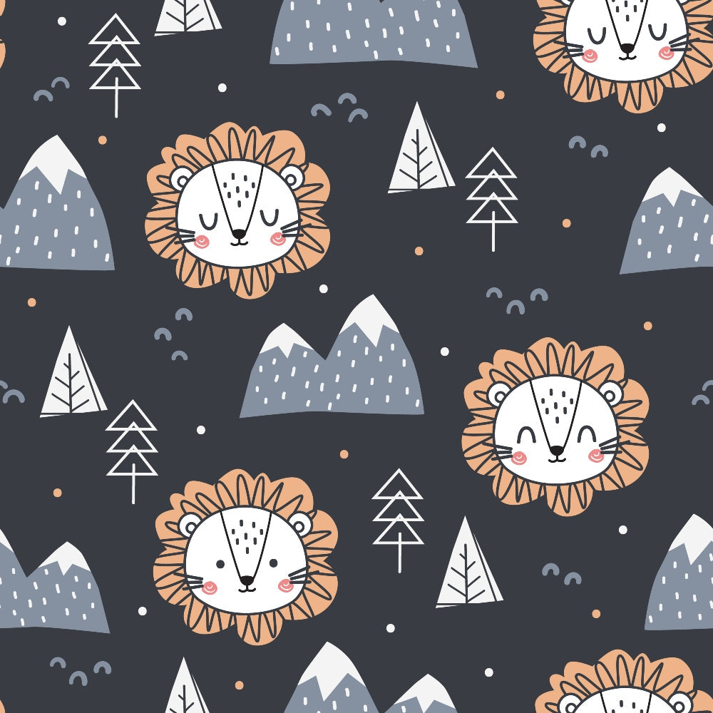 cute lions, orange manes, white faces, dark gray background, mountains, triangular trees, geometric patterns, sleepy eyes, rosy cheeks,, fabric panel, whimsical style, nursery design, kawaii animals, scattered dots, minimalist trees, children's fabric, soft pastels, repeating motifs