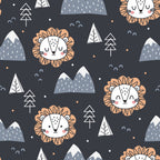cute lions, orange manes, white faces, dark gray background, mountains, triangular trees, geometric patterns, sleepy eyes, rosy cheeks,, fabric panel, whimsical style, nursery design, kawaii animals, scattered dots, minimalist trees, children's fabric, soft pastels, repeating motifs