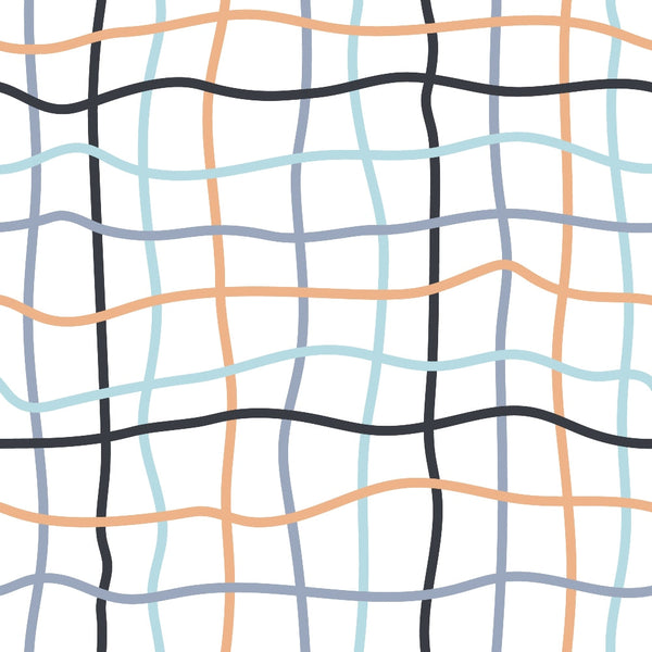 wavy lines, curved stripes, geometric pattern, coral orange, soft blue, charcoal black, light gray, intersecting lines,, fabric panel, modern abstract, flowing design, contemporary pattern, undulating grid, pastel colors, textile design, crafting material, sewing fabric, organic shapes