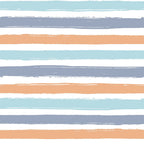 coral orange, sage green, dusty blue, white background, horizontal stripes, watercolor effect, soft brushstrokes, painted stripes,, fabric panel, pastel colors, gentle hues, artistic stripes, cotton fabric, muted tones, layered design, organic edges, contemporary style