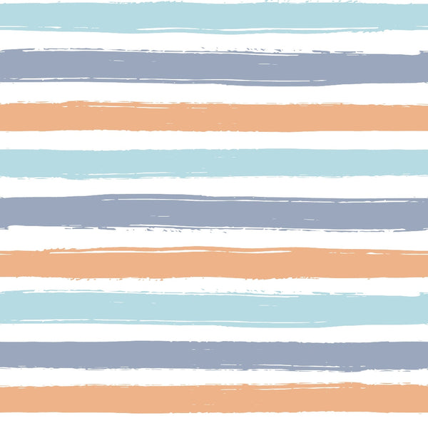 coral orange, sage green, dusty blue, white background, horizontal stripes, watercolor effect, soft brushstrokes, painted stripes,, fabric panel, pastel colors, gentle hues, artistic stripes, cotton fabric, muted tones, layered design, organic edges, contemporary style