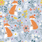 orange foxes, baby animals, floral pattern, butterflies, daisies, wildflowers, light purple background, coral pink, yellow flowers, green leaves, whimsical illustration, cute woodland creatures, repeating pattern,, fabric panel, nursery theme, spring flowers, playful design, children's motif, nature elements