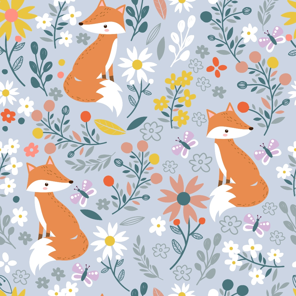 orange foxes, baby animals, floral pattern, butterflies, daisies, wildflowers, light purple background, coral pink, yellow flowers, green leaves, whimsical illustration, cute woodland creatures, repeating pattern,, fabric panel, nursery theme, spring flowers, playful design, children's motif, nature elements