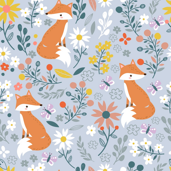orange foxes, baby animals, floral pattern, butterflies, daisies, wildflowers, light purple background, coral pink, yellow flowers, green leaves, whimsical illustration, cute woodland creatures, repeating pattern,, fabric panel, nursery theme, spring flowers, playful design, children's motif, nature elements