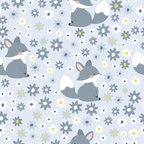 baby fox, cute animals, gray foxes, white bellies, pink noses, floral pattern, daisy flowers, yellow centers, white flowers, gray flowers, light blue background, scattered dots, whimsical design, nursery theme,, fabric panel, seamless pattern, kawaii style, baby animals, spring flowers