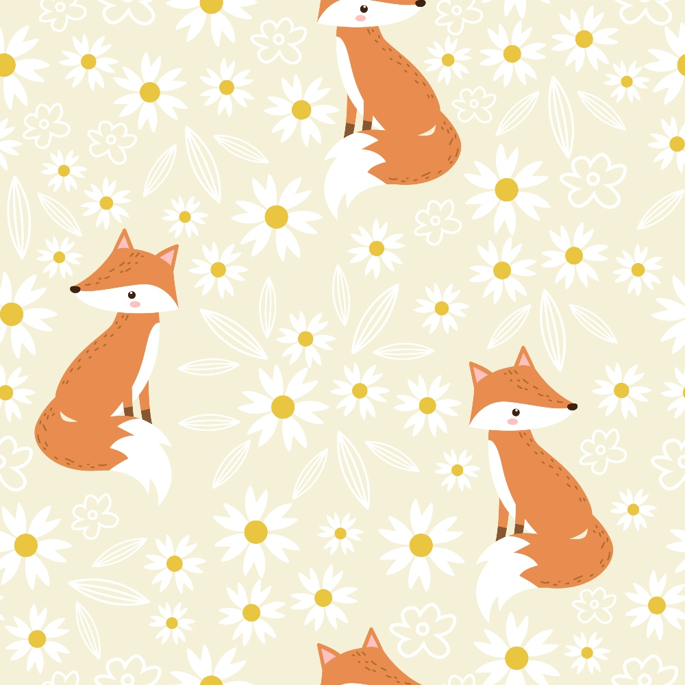 orange foxes, cream background, baby animals, cute woodland creatures, white bellies, sitting foxes, yellow flowers, white daisies, floral elements, nursery theme, children's fabric,, fabric panel, soft colors, whimsical design, nature motifs, animal pattern, peach tones, golden accents, repeating pattern