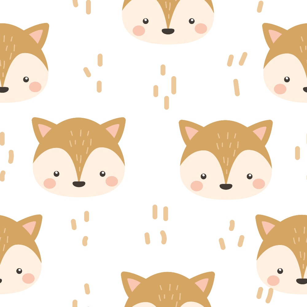 baby fox, cute animals, woodland creatures, brown, tan, beige, pink ears, repeating pattern, nursery design, kawaii style,, fabric panel, children's fabric, animal faces, soft colors, whimsical, geometric dots, pastel palette, baby shower, forest animals