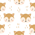 baby fox, cute animals, woodland creatures, brown, tan, beige, pink ears, repeating pattern, nursery design, kawaii style,, fabric panel, children's fabric, animal faces, soft colors, whimsical, geometric dots, pastel palette, baby shower, forest animals