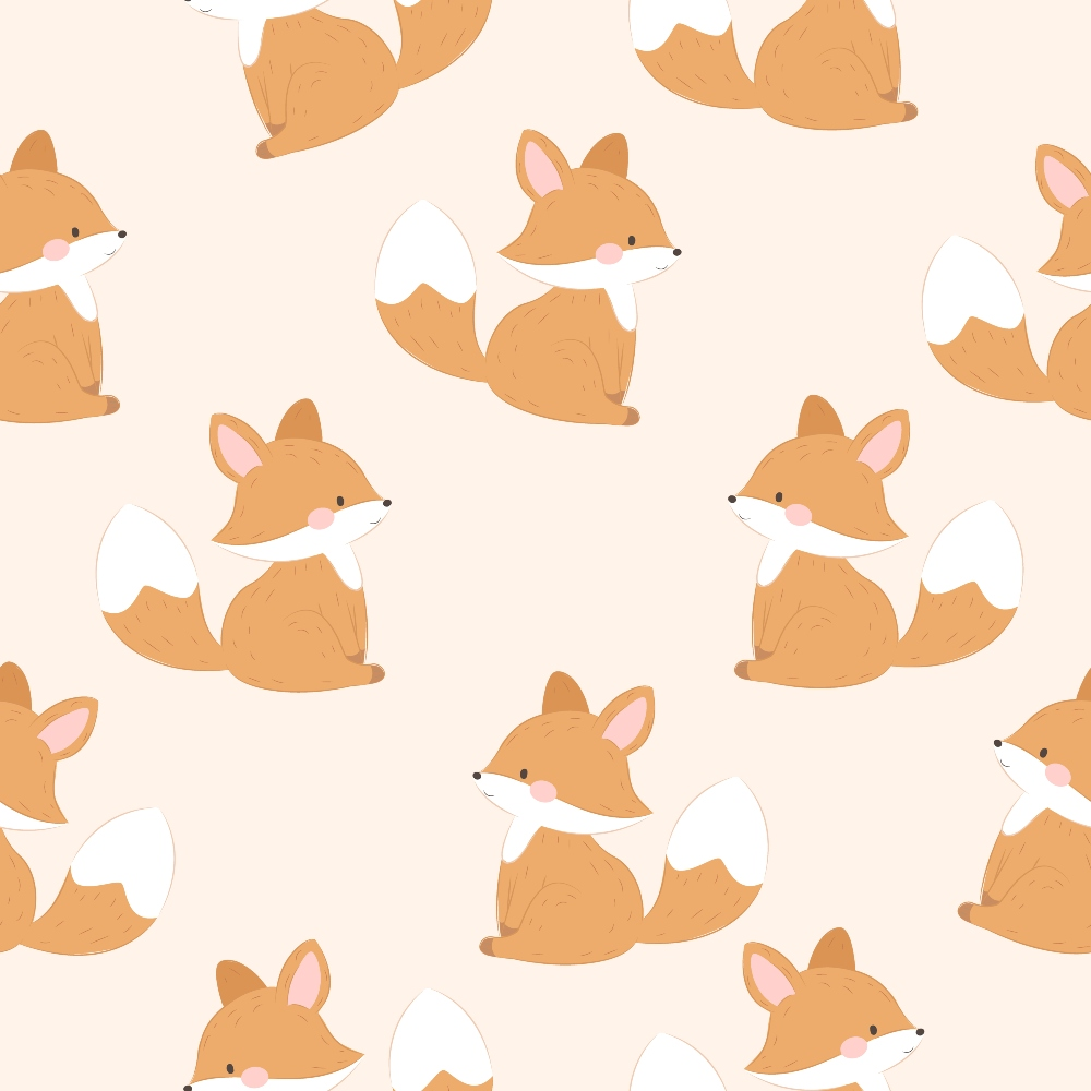cute baby foxes, orange foxes, white bellies, pink ears, repeating pattern, woodland animals, forest creatures, kawaii style, adorable characters,, fabric panel, nursery design, children's fabric, soft pastels, peach background, animal motif, whimsical design, crafting material, sewing fabric, nature theme