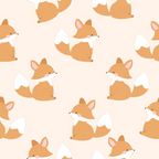 cute baby foxes, orange foxes, white bellies, pink ears, repeating pattern, woodland animals, forest creatures, kawaii style, adorable characters,, fabric panel, nursery design, children's fabric, soft pastels, peach background, animal motif, whimsical design, crafting material, sewing fabric, nature theme