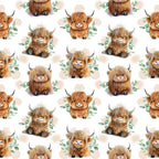 cute baby animals, highland cattle, brown fur, blonde hair, curved horns, green leaves, botanical elements, peach blobs, watercolor style, repeating pattern,, fabric panel, adorable characters, soft pastels, whimsical illustration, nursery theme, farm animals, fluffy texture, seamless design, children's fabric