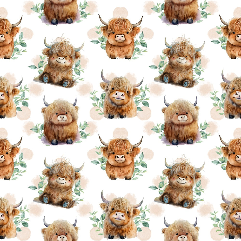 cute baby animals, highland cattle, brown fur, blonde hair, curved horns, green leaves, botanical elements, peach blobs, watercolor style, repeating pattern,, fabric panel, adorable characters, soft pastels, whimsical illustration, nursery theme, farm animals, fluffy texture, seamless design, children's fabric