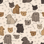 cute dogs, beige background, brown dogs, gray dogs, tan colors, cartoon style, paw prints, dog bones, playful pattern,, fabric panel, whimsical design, pet theme, animal motifs, neutral tones, scattered layout, puppy faces, dog silhouettes, craft fabric, sewing material