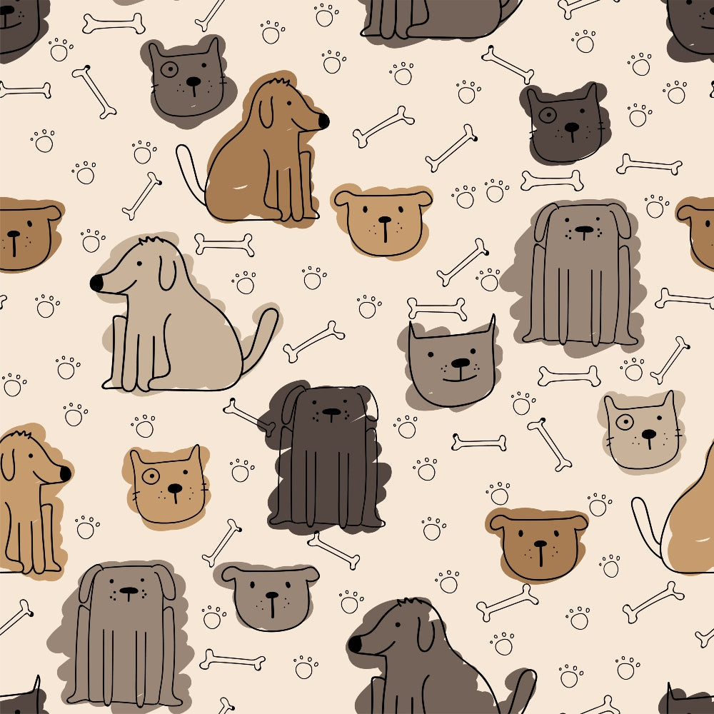 cute dogs, beige background, brown dogs, gray dogs, tan colors, cartoon style, paw prints, dog bones, playful pattern,, fabric panel, whimsical design, pet theme, animal motifs, neutral tones, scattered layout, puppy faces, dog silhouettes, craft fabric, sewing material