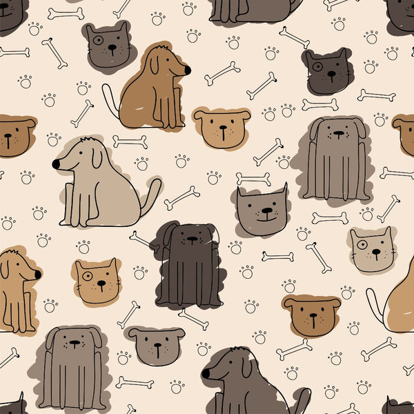 cute dogs, beige background, brown dogs, gray dogs, tan colors, cartoon style, paw prints, dog bones, playful pattern,, fabric panel, whimsical design, pet theme, animal motifs, neutral tones, scattered layout, puppy faces, dog silhouettes, craft fabric, sewing material
