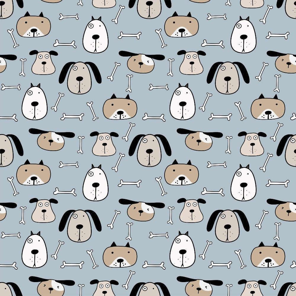 cute dogs, dog faces, bone pattern, light blue background, cartoon style, whimsical design, pet themed, repeating pattern,, fabric panel, playful mood, animal motif, brown dogs, black ears, white bones, scattered bones, dog portraits, cheerful pattern, crafting fabric, sewing material
