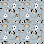 cute dogs, dog faces, bone pattern, light blue background, cartoon style, whimsical design, pet themed, repeating pattern,, fabric panel, playful mood, animal motif, brown dogs, black ears, white bones, scattered bones, dog portraits, cheerful pattern, crafting fabric, sewing material