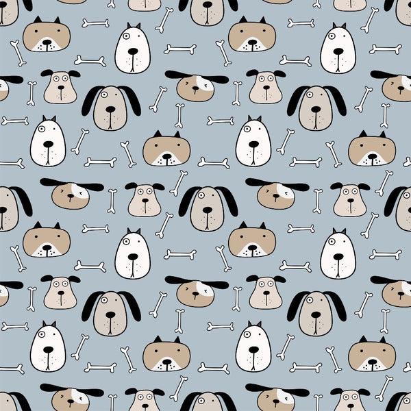 cute dogs, dog faces, bone pattern, light blue background, cartoon style, whimsical design, pet themed, repeating pattern,, fabric panel, playful mood, animal motif, brown dogs, black ears, white bones, scattered bones, dog portraits, cheerful pattern, crafting fabric, sewing material