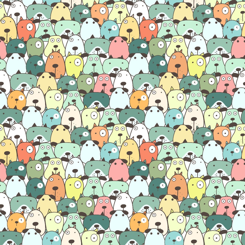 cute dogs, cartoon style, colorful pattern, pastel colors, mint green, coral pink, yellow, orange, teal, white, whimsical design, dog faces, pet theme, seamless repeat,, fabric panel, kawaii style, playful mood, animal print, craft fabric