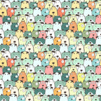 cute dogs, cartoon style, colorful pattern, pastel colors, mint green, coral pink, yellow, orange, teal, white, whimsical design, dog faces, pet theme, seamless repeat,, fabric panel, kawaii style, playful mood, animal print, craft fabric