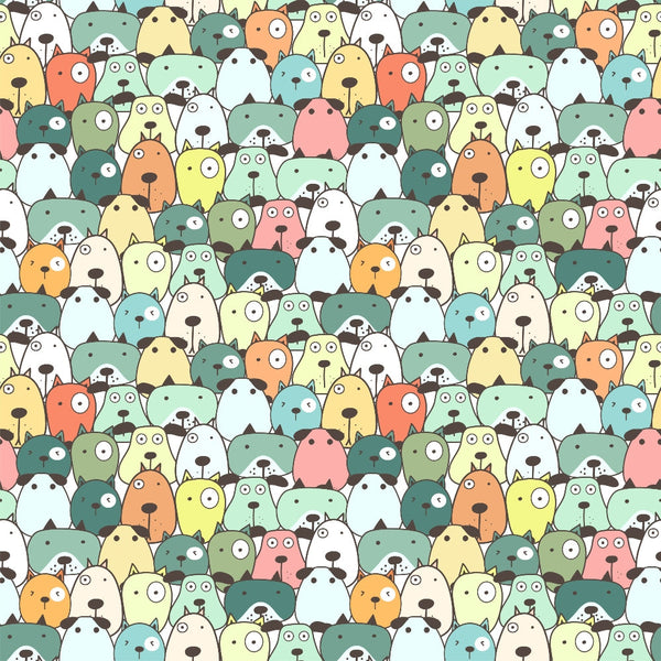 cute dogs, cartoon style, colorful pattern, pastel colors, mint green, coral pink, yellow, orange, teal, white, whimsical design, dog faces, pet theme, seamless repeat,, fabric panel, kawaii style, playful mood, animal print, craft fabric