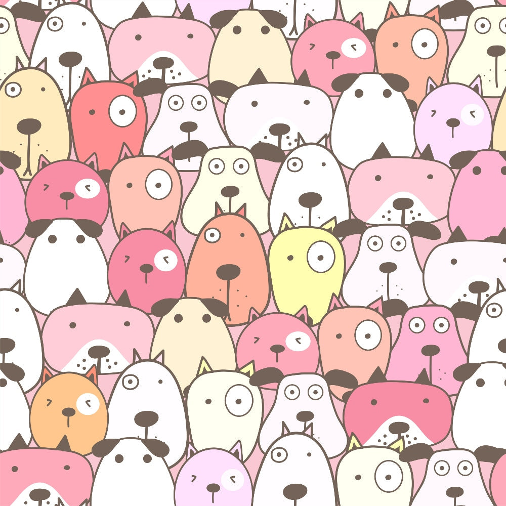 cute dogs, cartoon animals, pastel colors, pink tones, coral shades, cream colors, lavender hues, yellow accents, white background, kawaii style, playful design, animal faces, dog breeds,, fabric panel, whimsical pattern, adorable pets, soft pastels, repeating motif, nursery theme